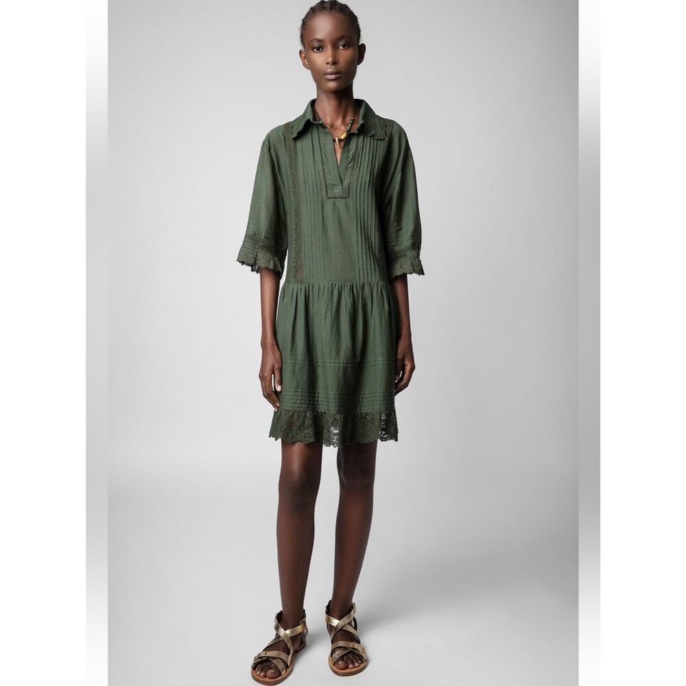 Zadig & Voltaire Rosea Tomboy Pintuck dress in a khaki green color and lace trim